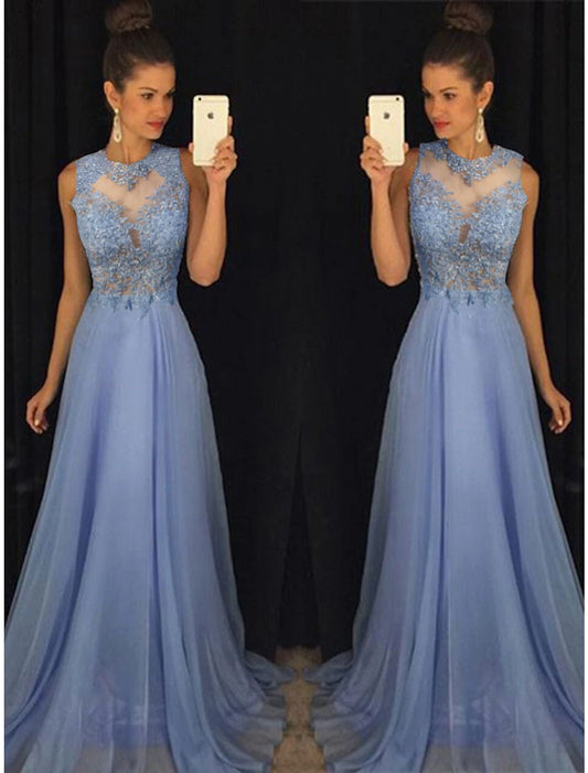 Wholesa A-Line Empire Prom Formal Evening Dress Jewel Neck Sleeveless Sweep / Brush Train Chiffon with Beading Appliques