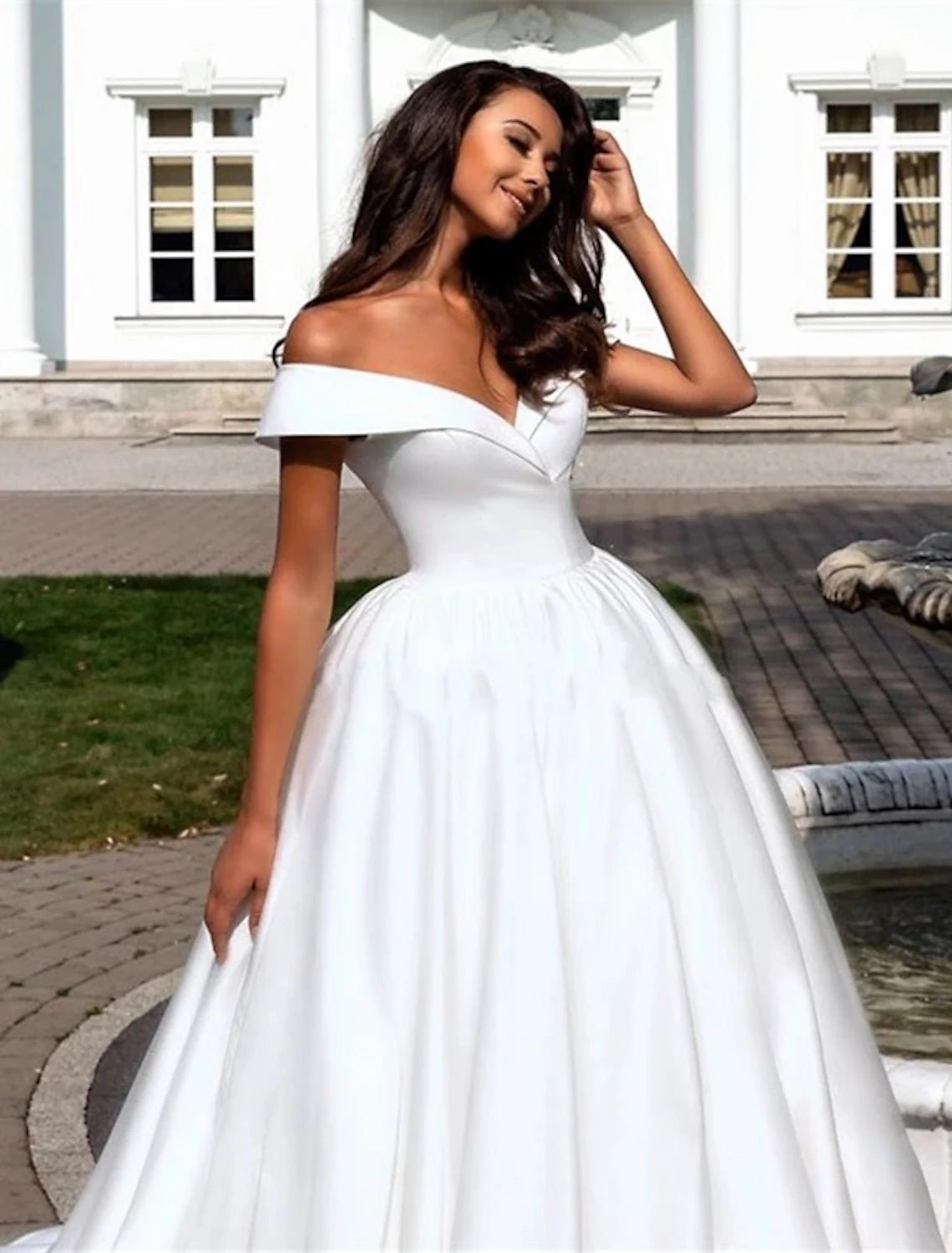 Wholesale Formal Wedding Dresses Ball Gown Off Shoulder Cap Sleeve Chapel Train Satin Bridal Gowns With Pleats Summer Wedding Party