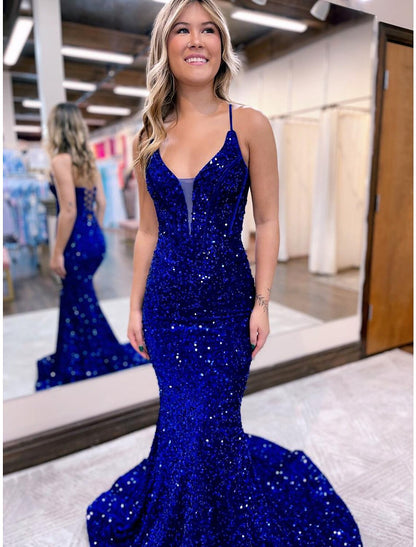 Wholesa Mermaid / Trumpet Evening Gown Sparkle & Shine Dress Formal Prom Court Train Sleeveless V Neck Sequined Backless with Sequin