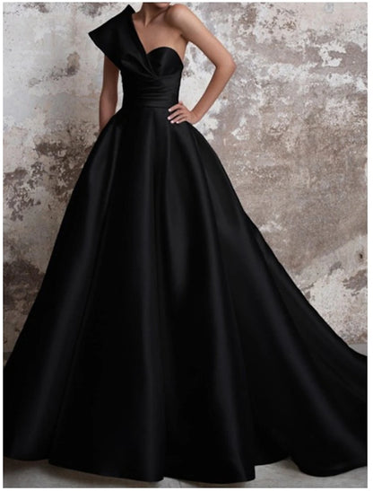 Wholesa A-Line Evening Gown Party Black Dress Plus Size Party Wear Church Court Train Sleeveless One Shoulder Italy Satin Backless with Ruched