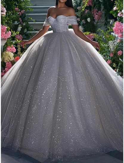 Wholesa Engagement Sparkle & Shine Formal Wedding Dresses Ball Gown Off Shoulder Cap Sleeve Chapel Train Sequined Bridal Gowns With Solid Color