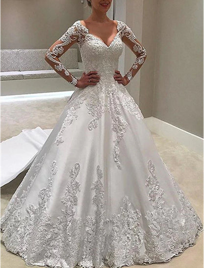 Wholesa Engagement Formal Wedding Dresses Ball Gown Sweetheart Long Sleeve Court Train Satin Bridal Gowns With Buttons Appliques