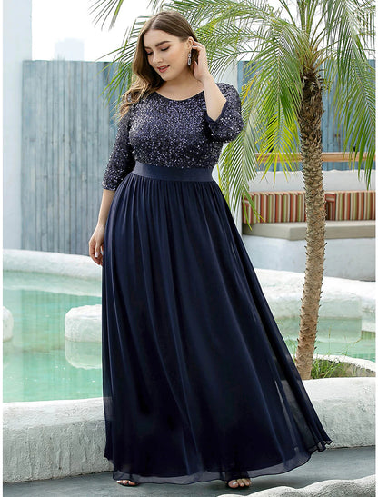 wholesale  A-Line Mother of the Bride Dress Wedding Guest Plus Size Elegant Jewel Neck Floor Length Tulle Sequined 3/4 Length Sleeve with Sequin Fall