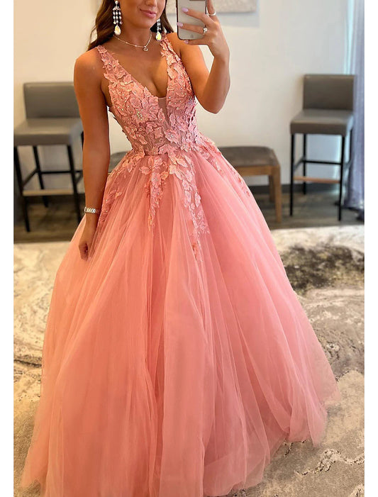 Wholesa A-Line Prom Dresses Open Back Dress Formal Wedding Guest Floor Length Sleeveless V Neck Tulle Backless with Pleats Beading Appliques