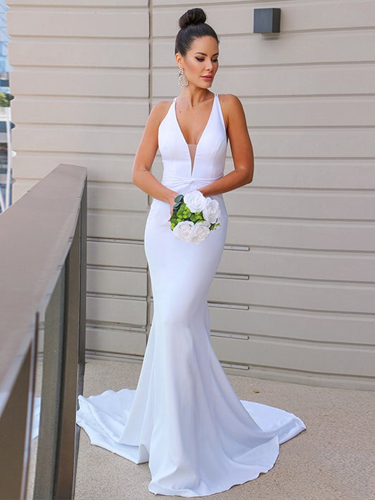 Wholesa  Sheath/Column Stretch Crepe V-neck Ruched Sleeveless Sweep/Brush Train Wedding Dresses