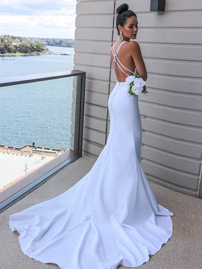 Wholesa  Sheath/Column Stretch Crepe V-neck Ruched Sleeveless Sweep/Brush Train Wedding Dresses