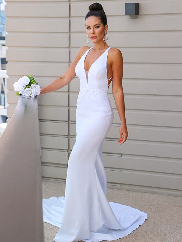 Wholesa  Sheath/Column Stretch Crepe V-neck Ruched Sleeveless Sweep/Brush Train Wedding Dresses