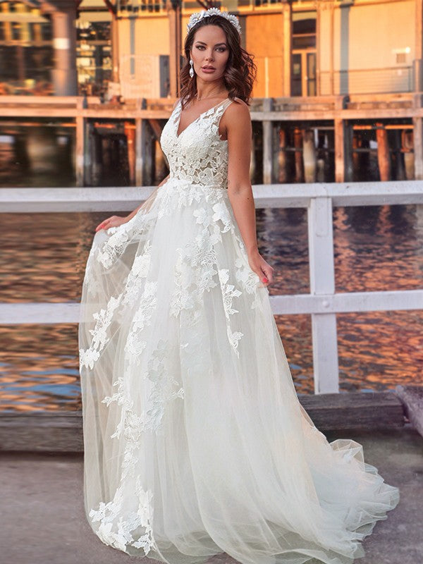 Wholesa  A-Line/Princess Tulle Sleeveless Applique V-neck Sweep/Brush Train Wedding Dresses