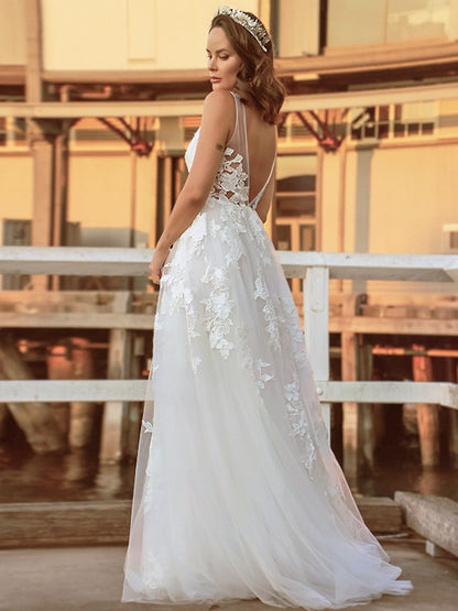 Wholesa  A-Line/Princess Tulle Sleeveless Applique V-neck Sweep/Brush Train Wedding Dresses