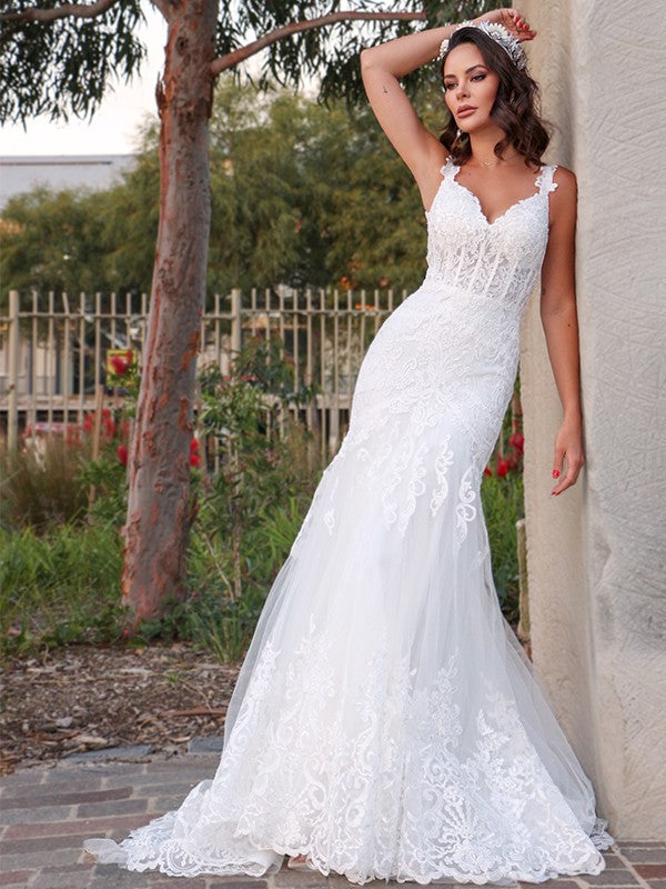 Wholesa  Trumpet/Mermaid Tulle V-neck Sleeveless Applique Sweep/Brush Train Wedding Dresses