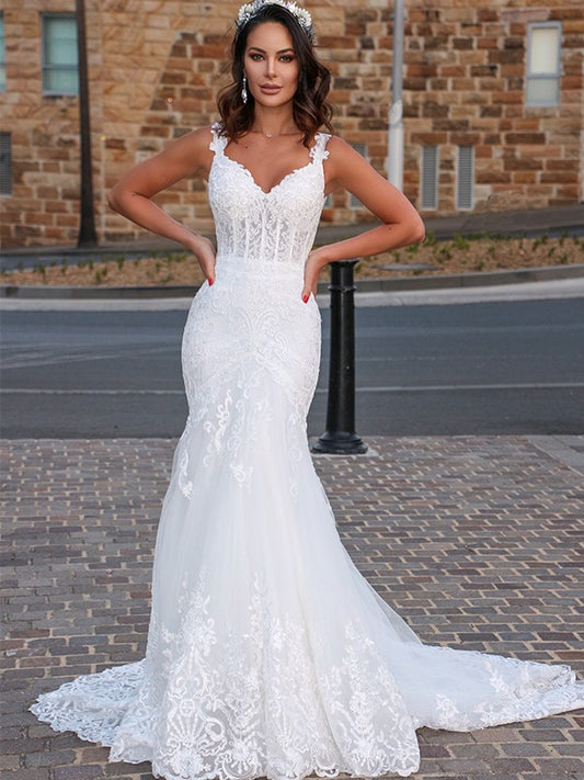 Wholesa  Trumpet/Mermaid Tulle V-neck Sleeveless Applique Sweep/Brush Train Wedding Dresses