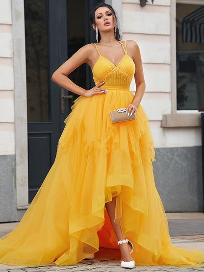 Wholesa A-Line/Princess Tulle Ruffles V-neck Sleeveless Asymmetrical Dresses