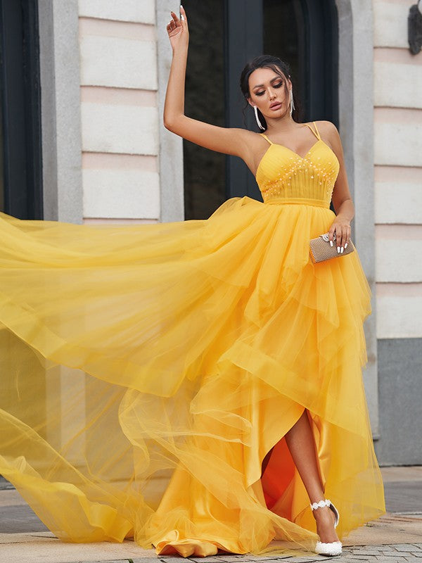 Wholesa A-Line/Princess Tulle Ruffles V-neck Sleeveless Asymmetrical Dresses