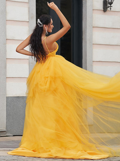 Wholesa A-Line/Princess Tulle Ruffles V-neck Sleeveless Asymmetrical Dresses