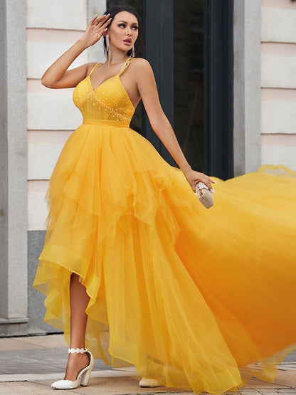 Wholesa A-Line/Princess Tulle Ruffles V-neck Sleeveless Asymmetrical Dresses