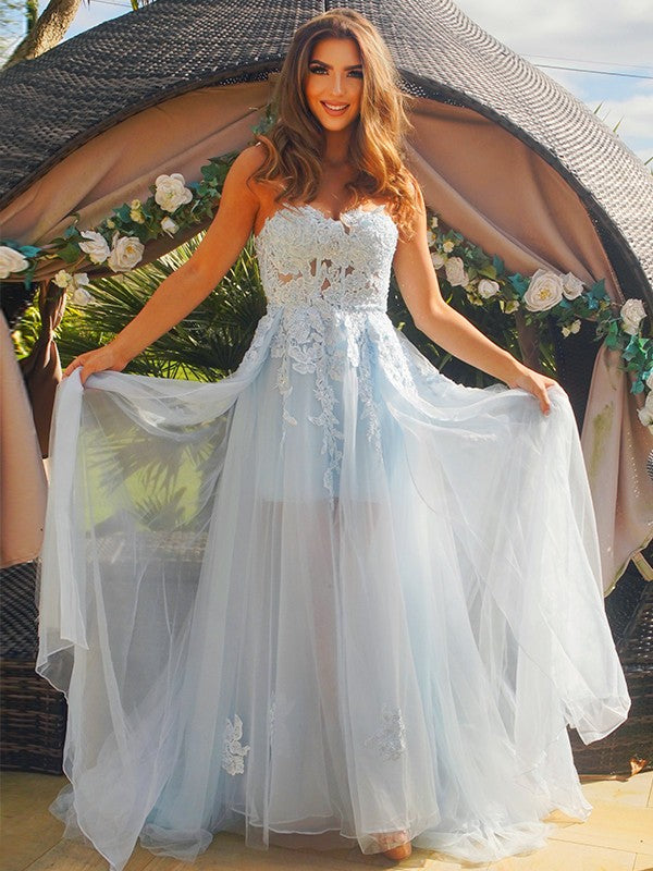 Wholesa A-Line/Princess Tulle Applique Sweetheart Sleeveless Sweep/Brush Train Dresses