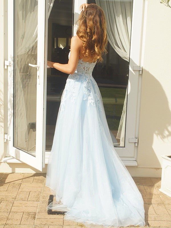 Wholesa A-Line/Princess Tulle Applique Sweetheart Sleeveless Sweep/Brush Train Dresses