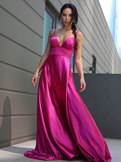 Wholesa A-Line/Princess Silk like Satin Ruffles V-neck Sleeveless Sweep/Brush Train Dresses