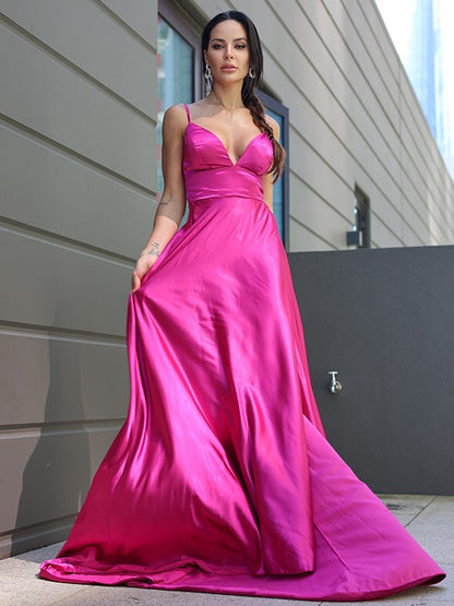 Wholesa A-Line/Princess Silk like Satin Ruffles V-neck Sleeveless Sweep/Brush Train Dresses