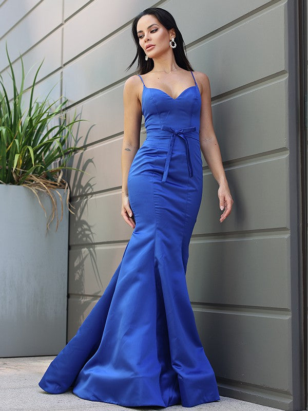 Wholesa Trumpet/Mermaid Satin Ruffles Spaghetti Straps Sleeveless Sweep/Brush Train Dresses