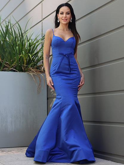 Wholesa Trumpet/Mermaid Satin Ruffles Spaghetti Straps Sleeveless Sweep/Brush Train Dresses