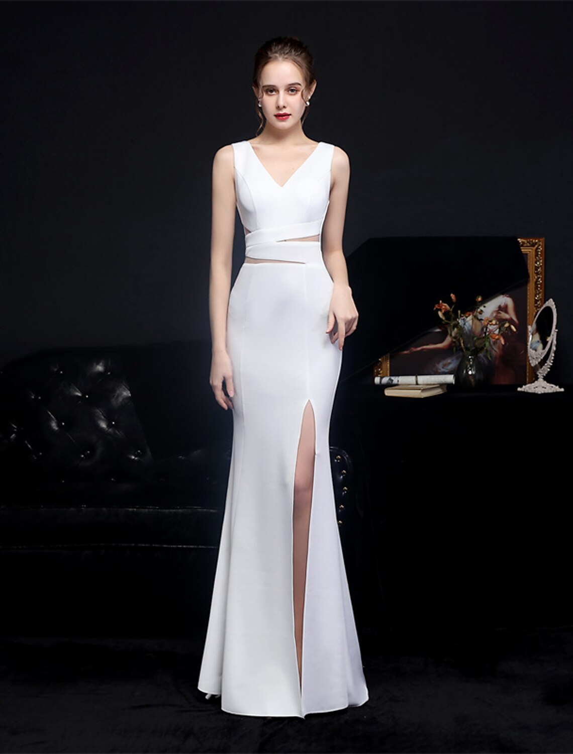 Wholesa Mermaid / Trumpet Prom Dresses Elegant Dress Formal Wedding Guest Floor Length Sleeveless V Neck Polyester with Slit