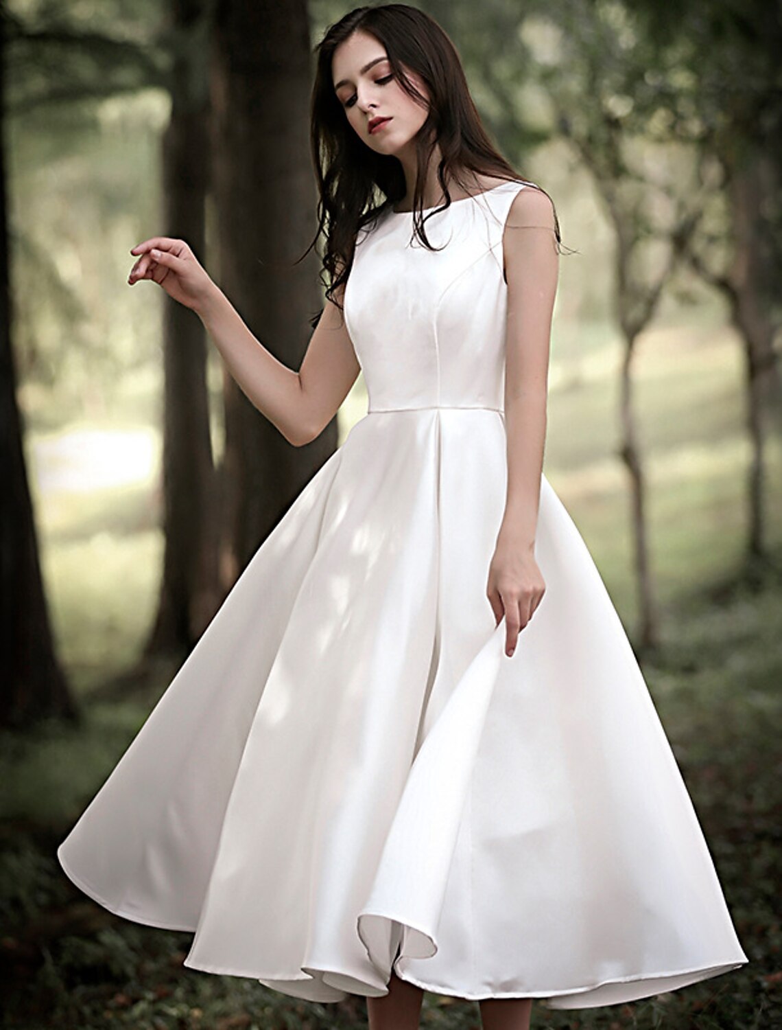 Wholesale Reception Little White Dresses Wedding Dresses A-Line Scoop Neck Sleeveless Tea Length Satin Bridal Gowns With Solid Color 2023 Summer Wedding Party