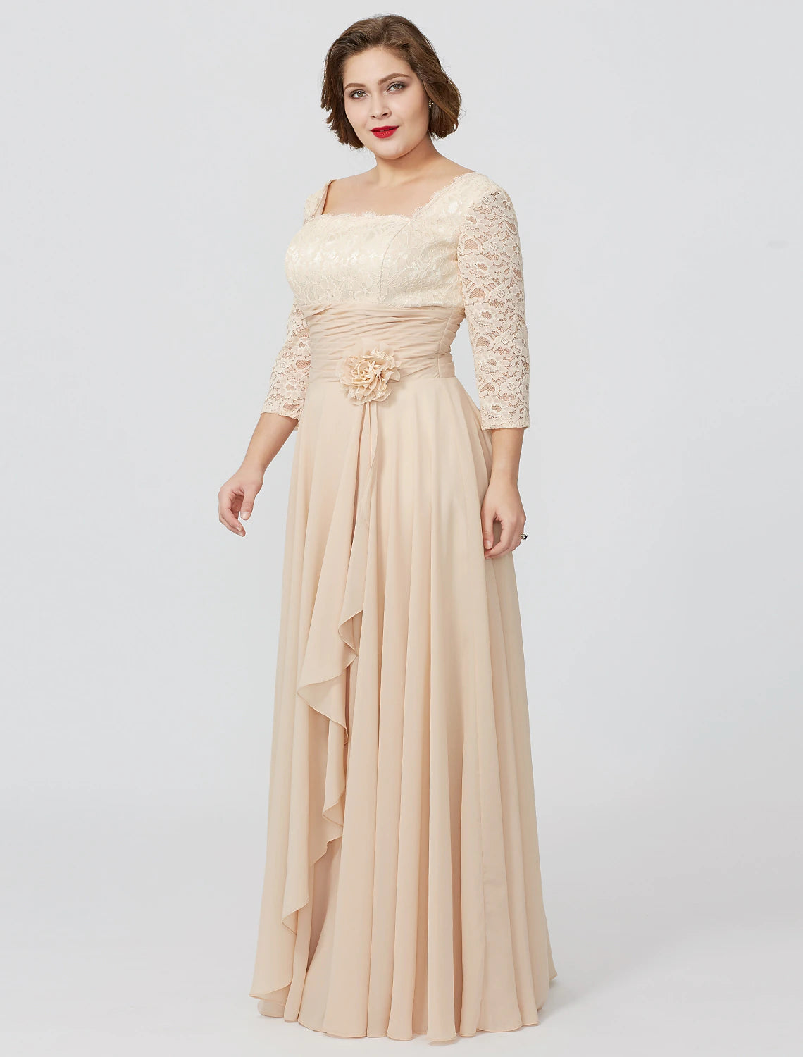 Wholesa  Sheath / Column Mother of the Bride Dress Formal Classic & Timeless Elegant & Luxurious Plus Size Square Neck Floor Length Chiffon Metallic Lace 3/4 Length Sleeve No with Sash / Ribbon Flower