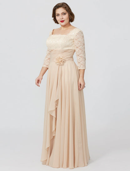 Wholesa  Sheath / Column Mother of the Bride Dress Formal Classic & Timeless Elegant & Luxurious Plus Size Square Neck Floor Length Chiffon Metallic Lace 3/4 Length Sleeve No with Sash / Ribbon Flower