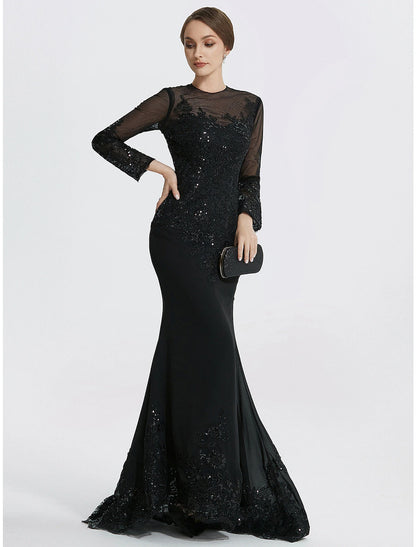 Wholesa  Mermaid / Trumpet Sheath / Column Evening Gown Elegant Dress Formal Floor Length Long Sleeve Jewel Neck Lace with Appliques