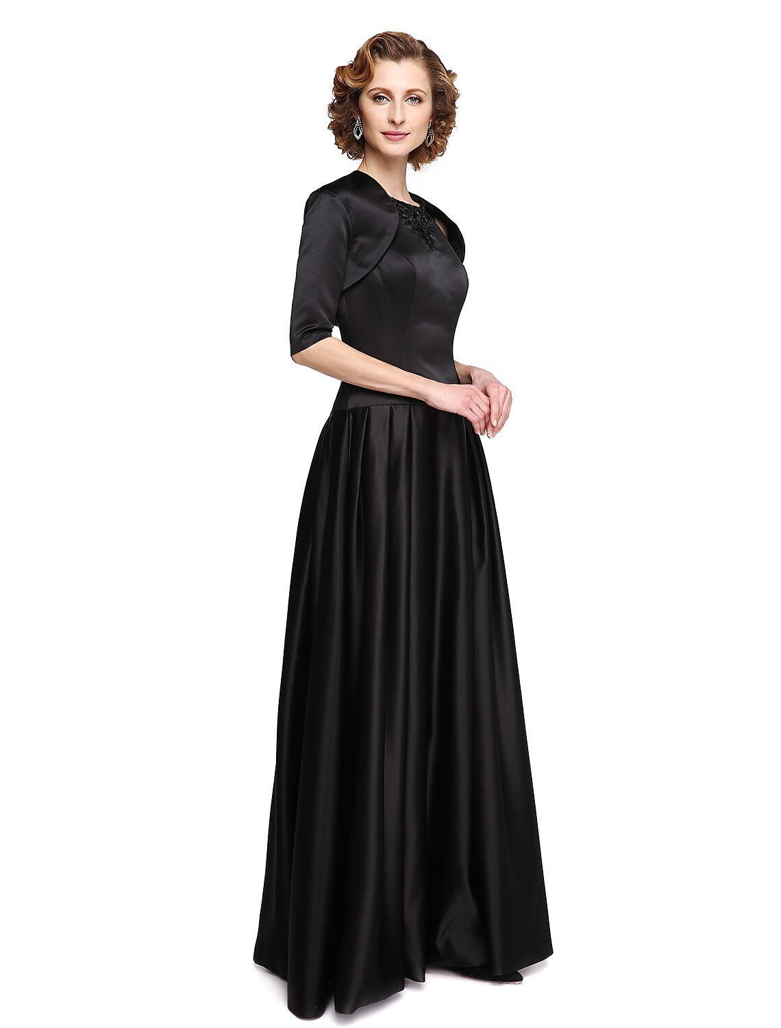 wholesale  A-Line Jewel Neck Floor Length Stretch Satin Mother of the Bride Dress with Beading / Appliques