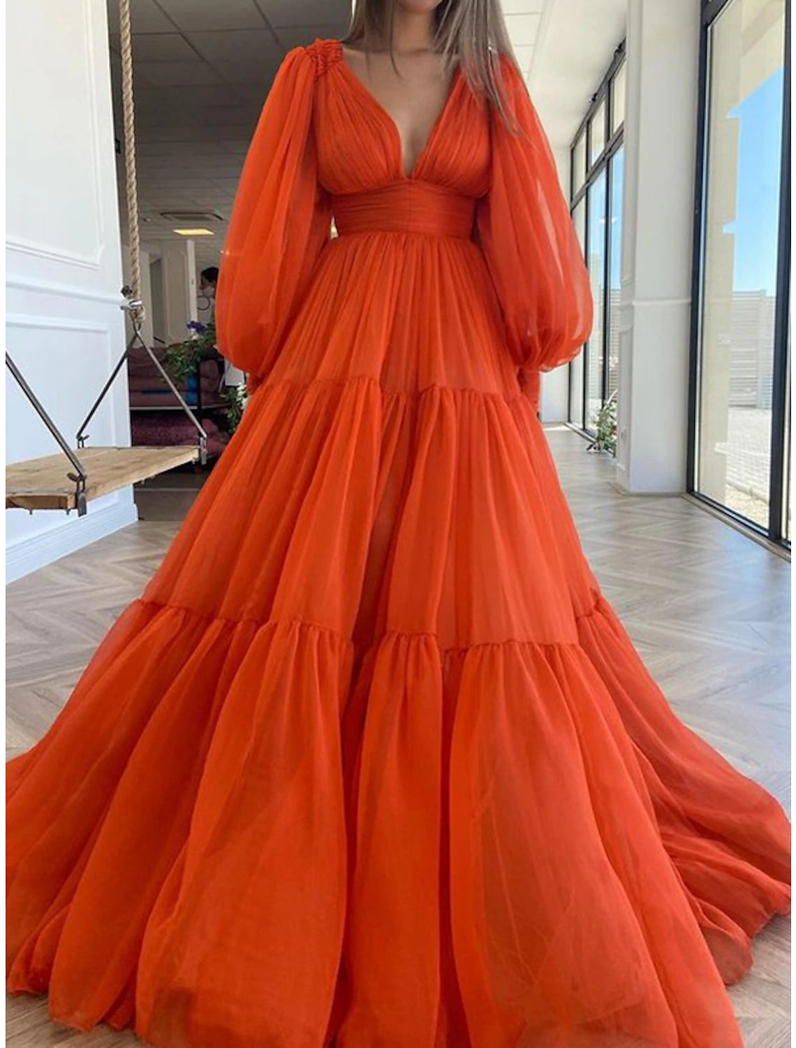 Wholesa A-Line Evening Gown Elegant Dress Red Green Dress Formal Wedding Guest Floor Length Long Sleeve V Neck Chiffon with Ruched