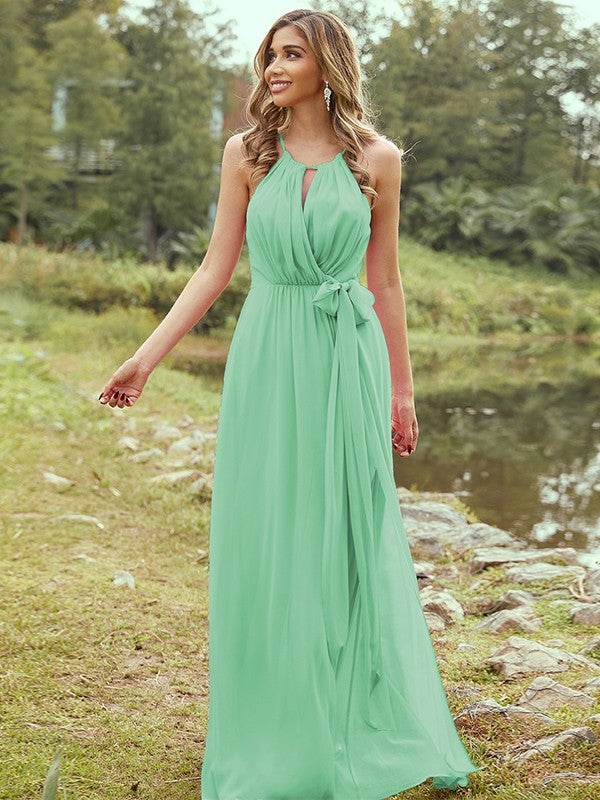 Wholesa A-Line/Princess Chiffon Ruffles Halter Sleeveless Sweep/Brush Train Bridesmaid Dresses