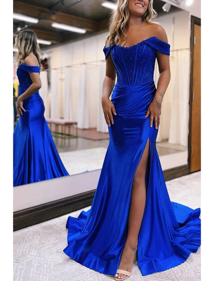 Wholesa Mermaid / Trumpet Evening Gown Empire Dress Formal Wedding Guest Court Train Sleeveless Off Shoulder Imitation Silk with Slit Appliques