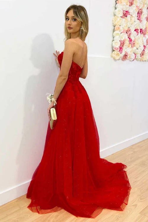 Wholesale Fashion Red Evening Dress Strapless A-Line Long Prom Dress with Appliques