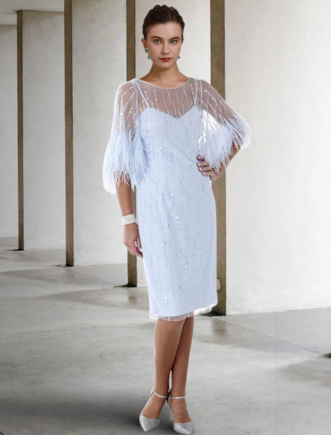 wholesale Sheath / Column Mother of the Bride Dress Fall Wedding Guest Sparkle & Shine Elegant Jewel Neck Knee Length Stretch Chiffon Half Sleeve with Feather Beading Sequin