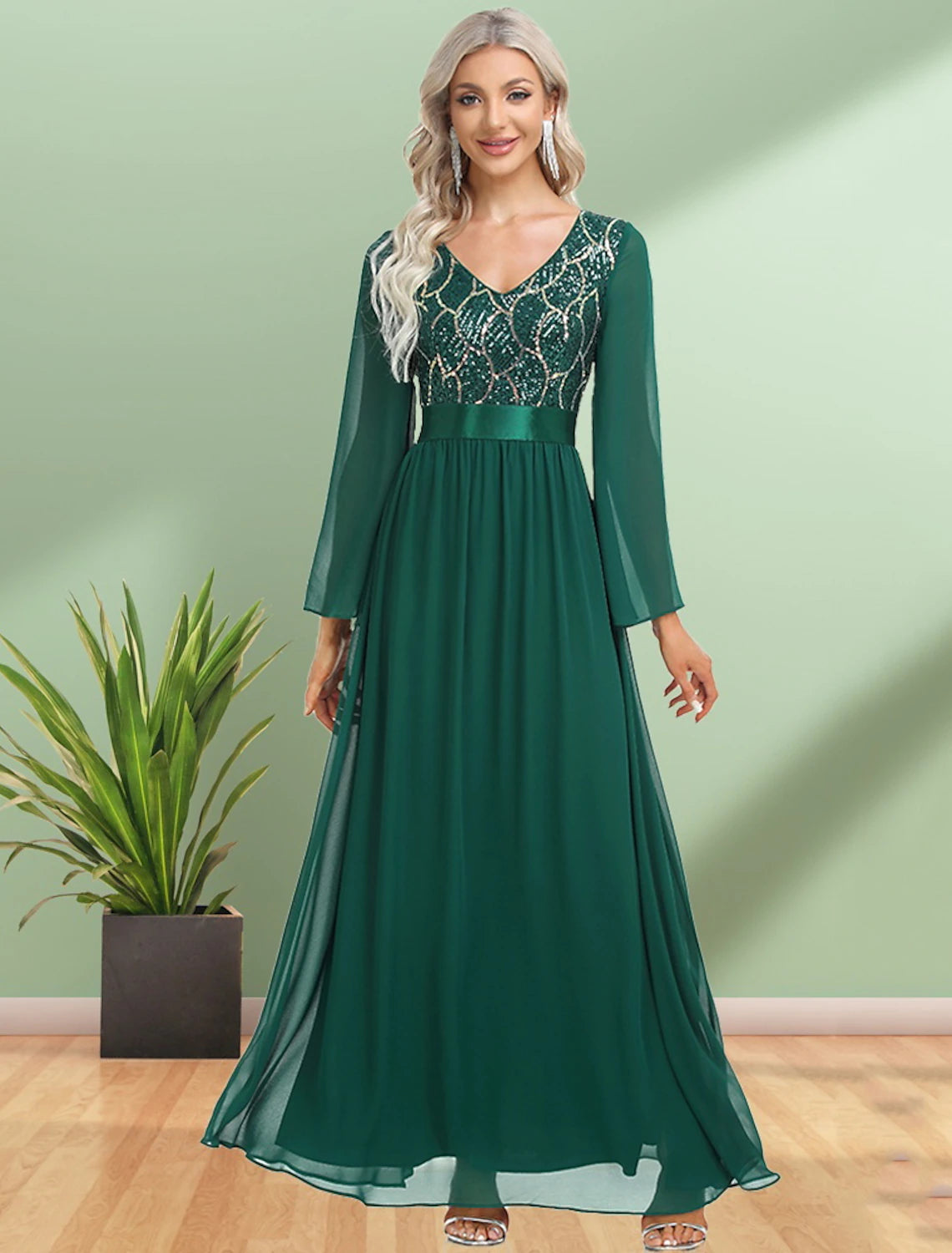 wholesale   A-Line Evening Gown Elegant Dress Party Wear Floor Length Long Sleeve V Neck Chiffon with Sequin