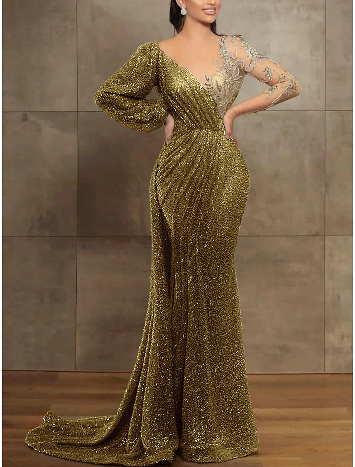 Aimishang Mermaid / Trumpet Evening Gown Elegant Formal Dress Red Green Dress Long Sleeve Sequined Long Prom Dress with Pleats