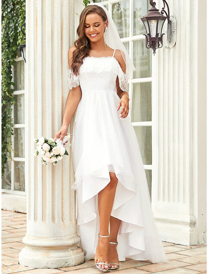 Wholesale Reception Little White Dresses Boho Wedding Dresses A-Line Off Shoulder Short Sleeve Asymmetrical Lace Bridal Gowns With Lace Draping Summer Wedding Party