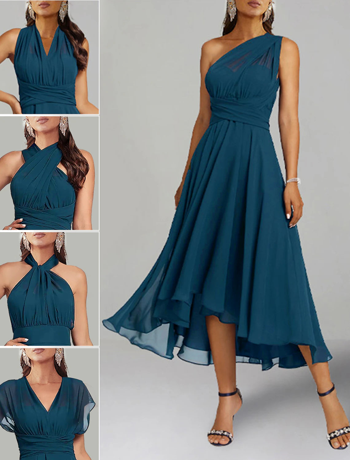 Wholesa A-Line Blue Wedding Guest Dresses Convertible Infinity Mother Dress Formal Tea Length Sleeveless One Shoulder Chiffon with Ruched