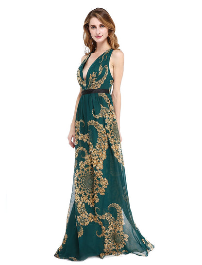 Wholesa A-Line Mother of the Bride Dress Floral Open Back V Neck Floor Length Chiffon Sleeveless No with Sash / Ribbon