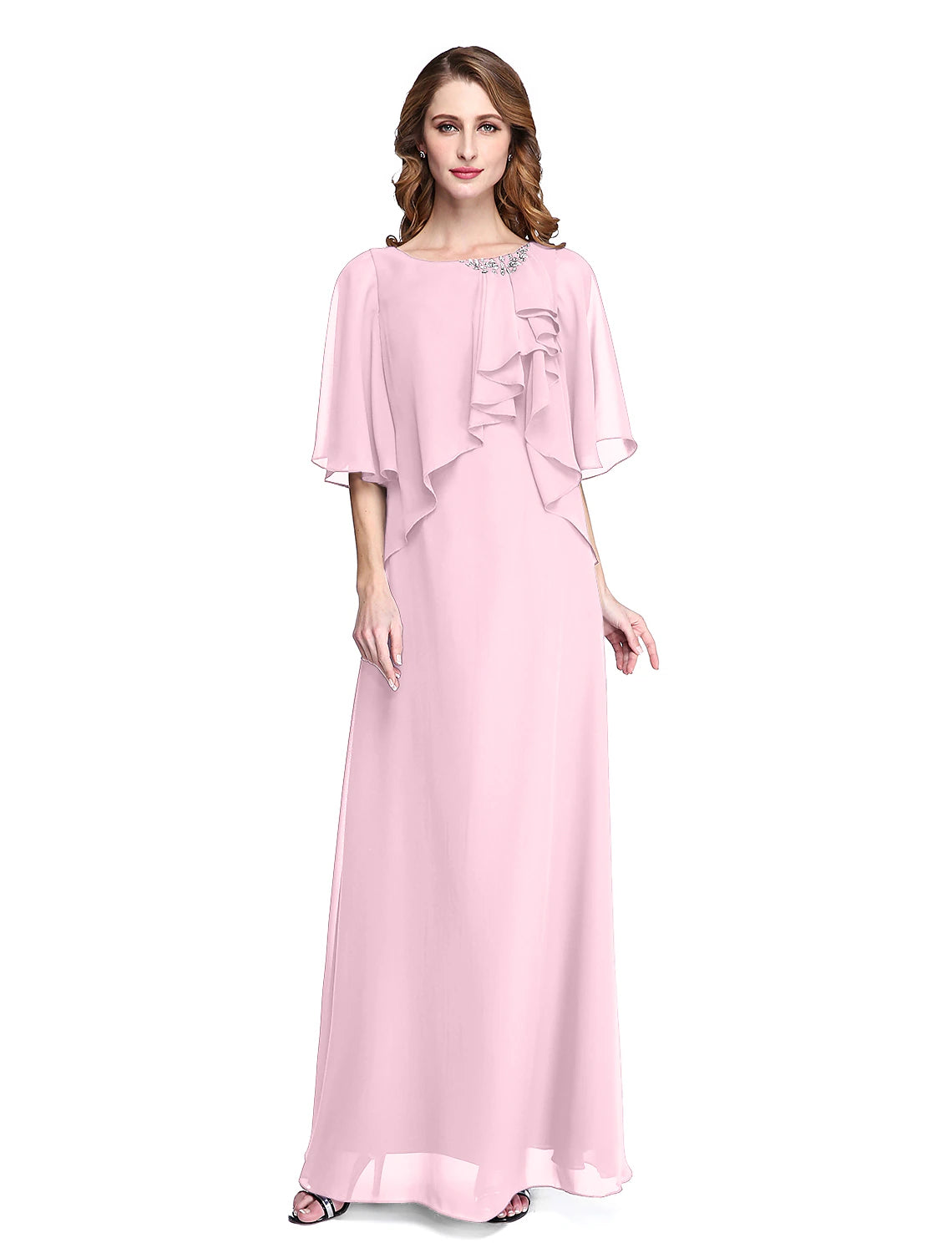 wholesale Sheath / Column Mother of the Bride Dress Elegant Open Back Jewel Neck Floor Length Chiffon Half Sleeve with Pleats Beading Ruffle