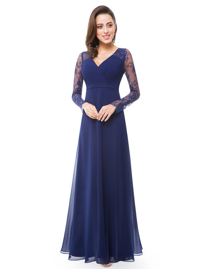 Wholesa A-Line Evening Gown Elegant Dress Wedding Guest Formal Evening Floor Length Long Sleeve V Neck Chiffon with Sash / Ribbon Ruched Lace Insert