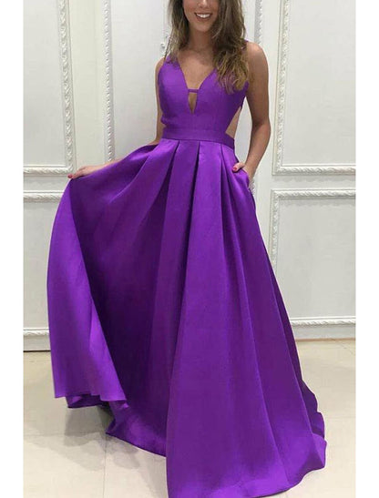 wholesale  A-Line Prom Dresses Minimalist Dress Formal Floor Length Sleeveless V Neck Pocket Stretch Satin Backless V Back with Pleats Pocket