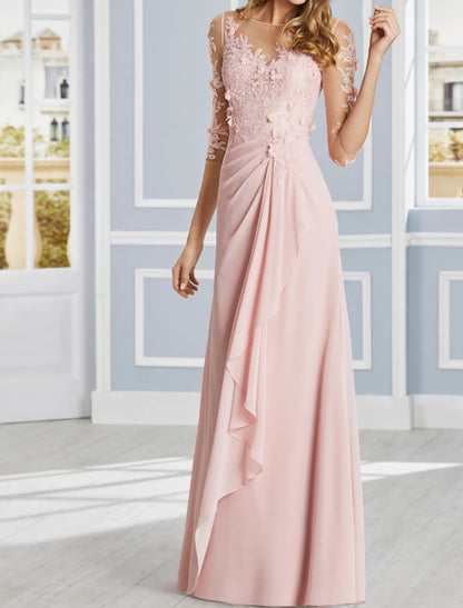 Wholesa Sheath / Column Luxurious Floral Engagement Formal Evening Dress Illusion Neck Half Sleeve Floor Length Chiffon with Ruffles Draping Appliques