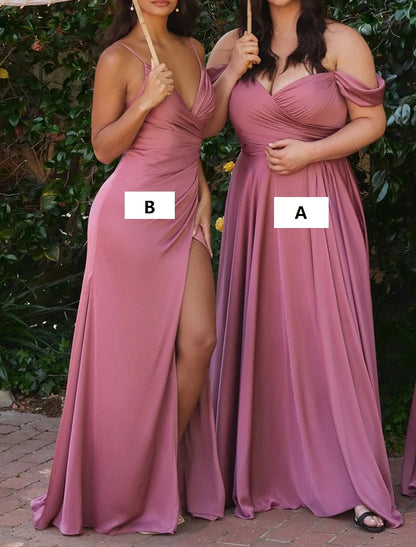 Wholesa A-Line Bridesmaid Dress Off Shoulder Sleeveless Pink Floor Length Chiffon with Split Front / Ruching