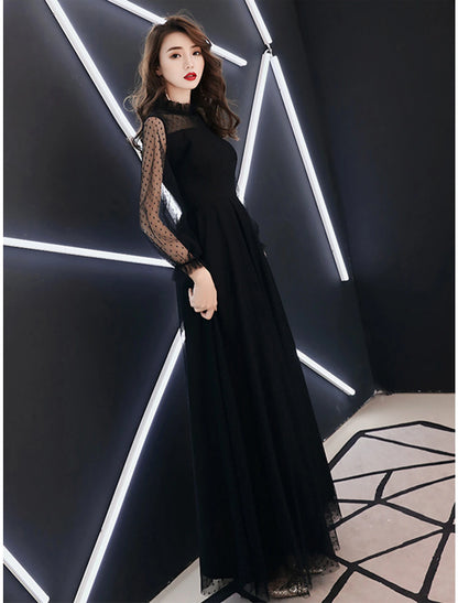 Wholesale A-Line Little Black Dress Elegant Party Wear Prom Dress High Neck Long Sleeve Floor Length Lace with Ruffles