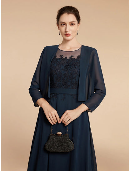 Wholesa  A-Line Mother of the Bride Dress Wedding Guest Elegant Jewel Neck Ankle Length Chiffon Lace Long Sleeve with Ruching Solid Color