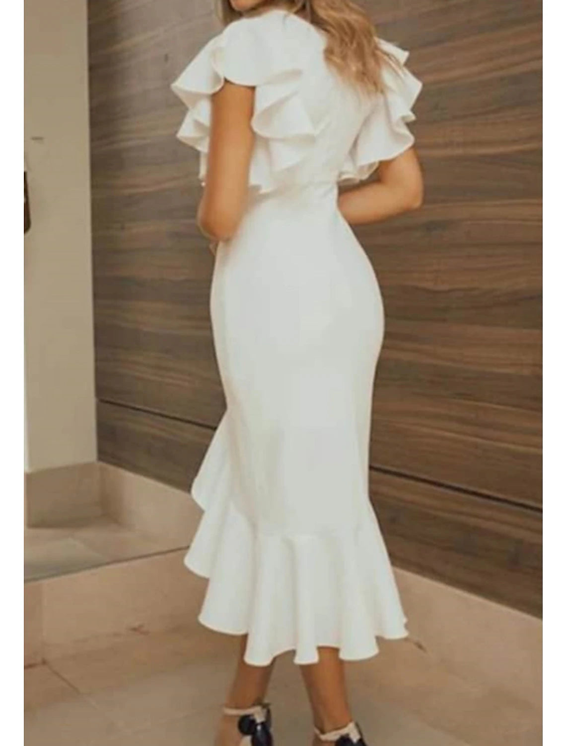 Wholesa Mermaid / Trumpet Wedding Guest Dresses Elegant Dress Wedding Party Semi Formal Asymmetrical Short Sleeve V Neck Polyester with Ruffles Pure Color