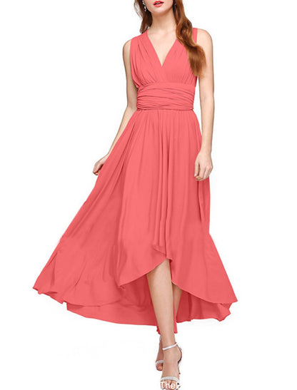 wholesale  A-Line Bridesmaid Dress V Neck Sleeveless Convertible Infinity Asymmetrical Spandex with Pleats / Solid Color